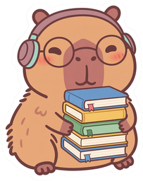 Capy, the museum curator, carrying a stack of books
