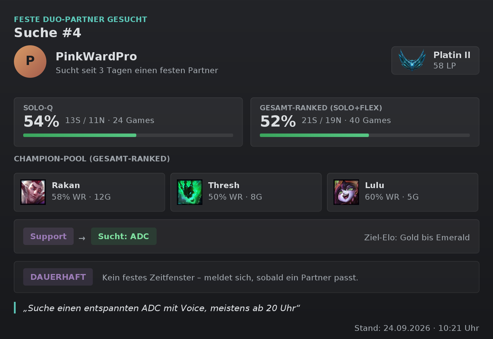 Duo search card with rank, win rates and champion pool