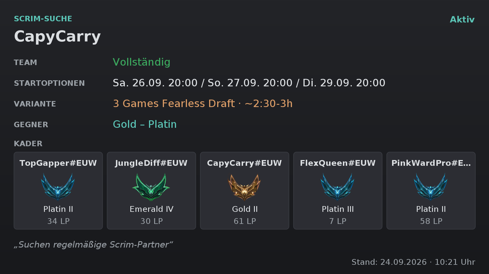 Scrim search with roster and dates