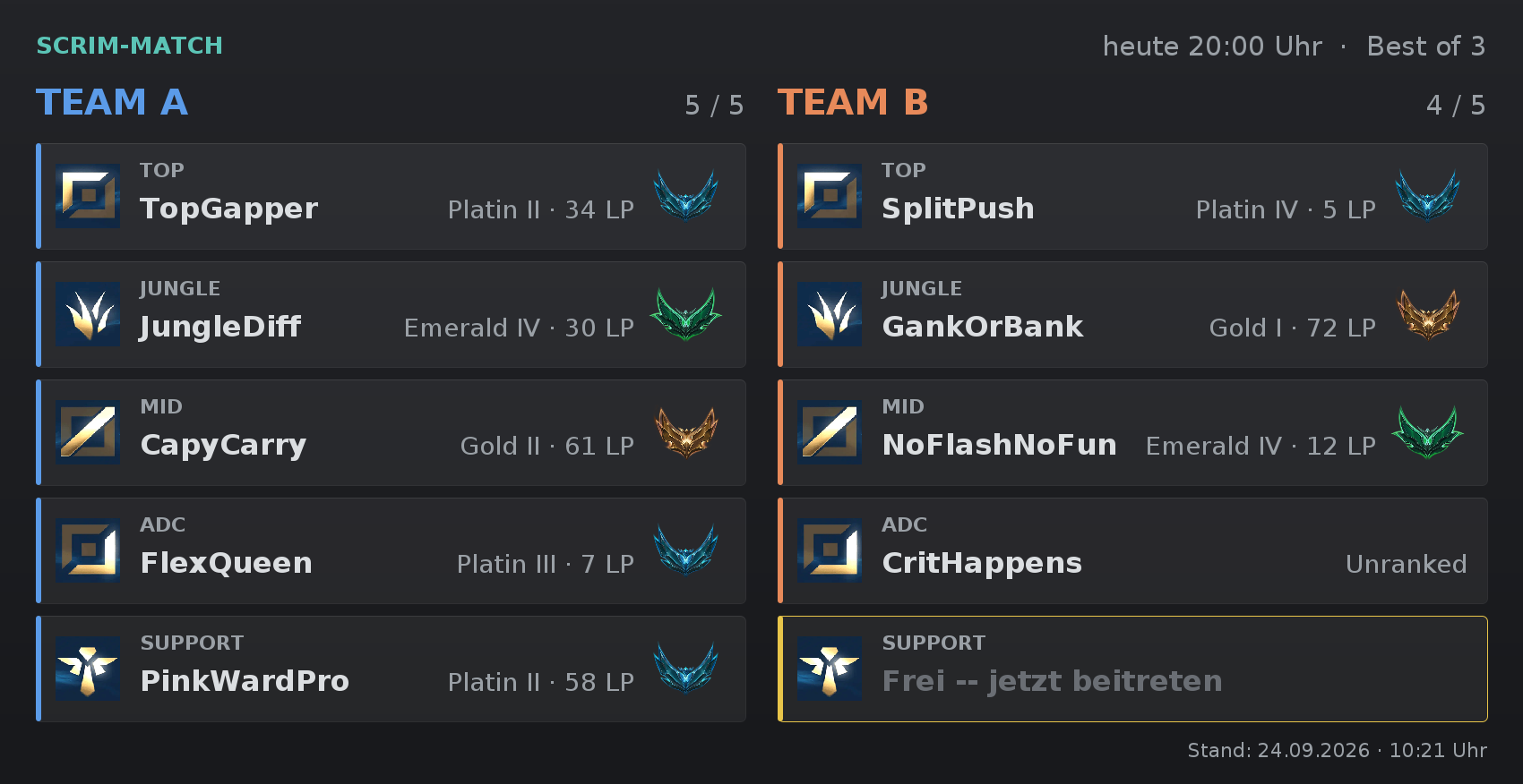 Scrim match card with two teams